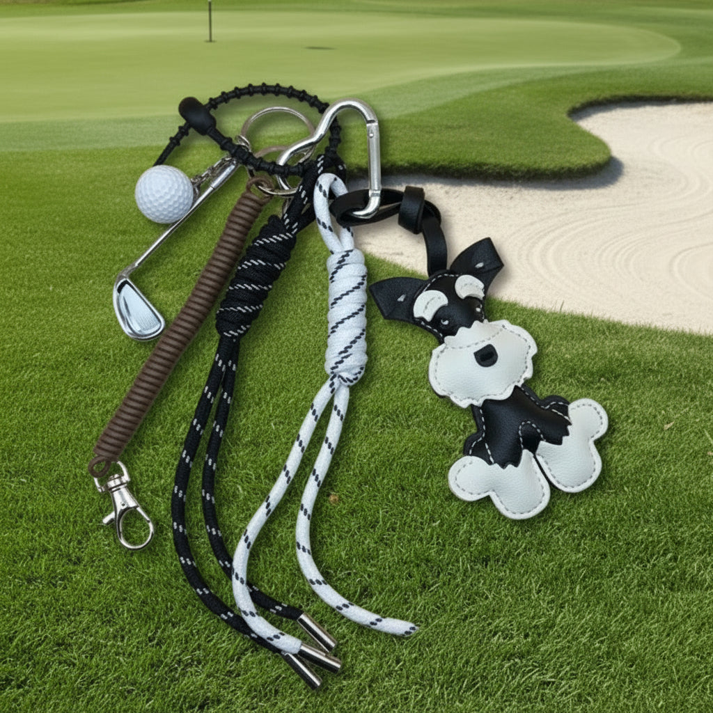Une bijou de sac avec un schnauzer sur un terrain de golf Image