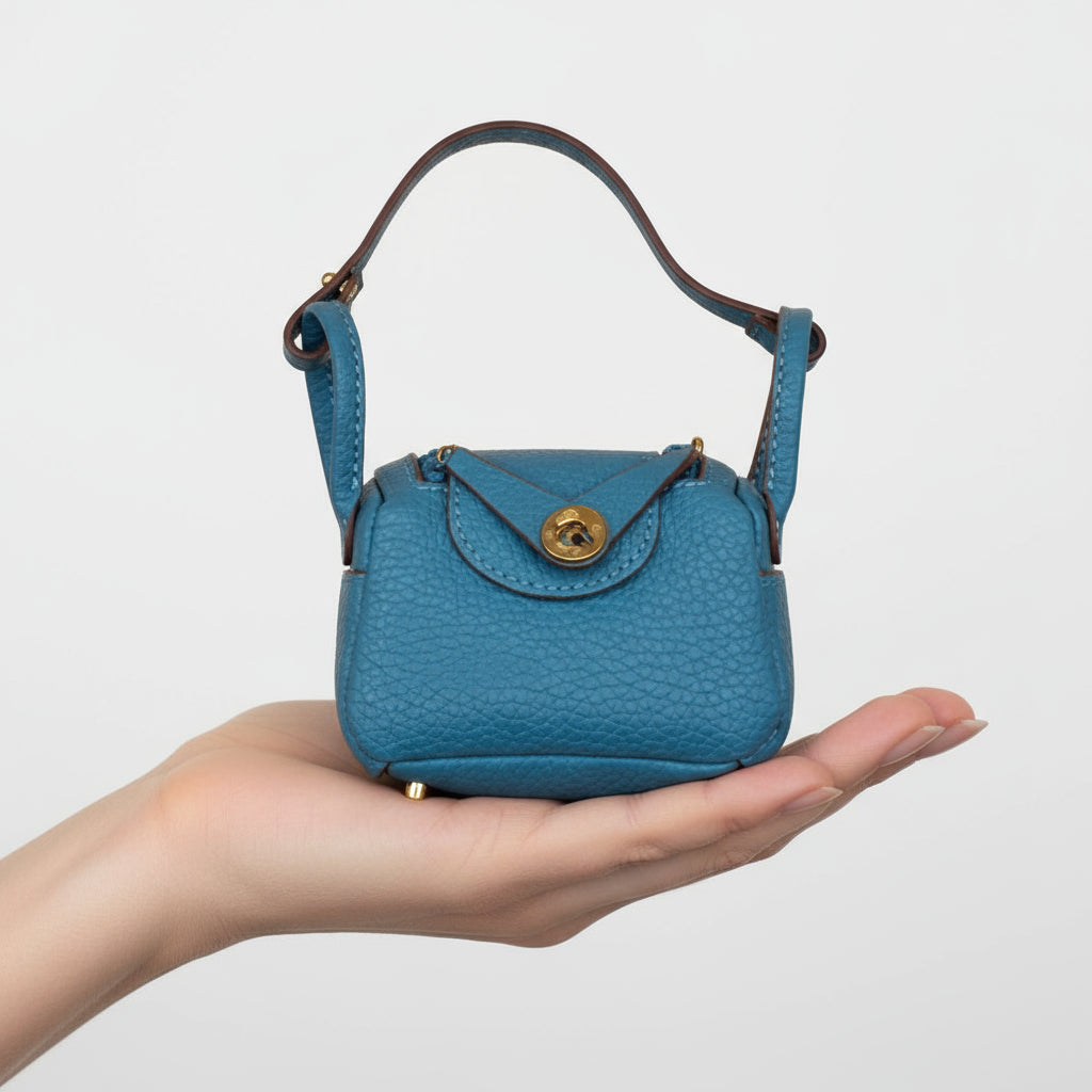 Un mini sac à main bleu posé au creux d'une main féminine Image