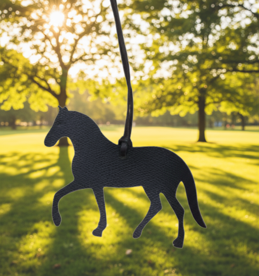 Un cheval noir trotte dans la clairière. Image
