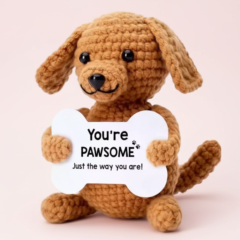 Emotional support : petit chien en crochet marron avec message positif PAWsome Image