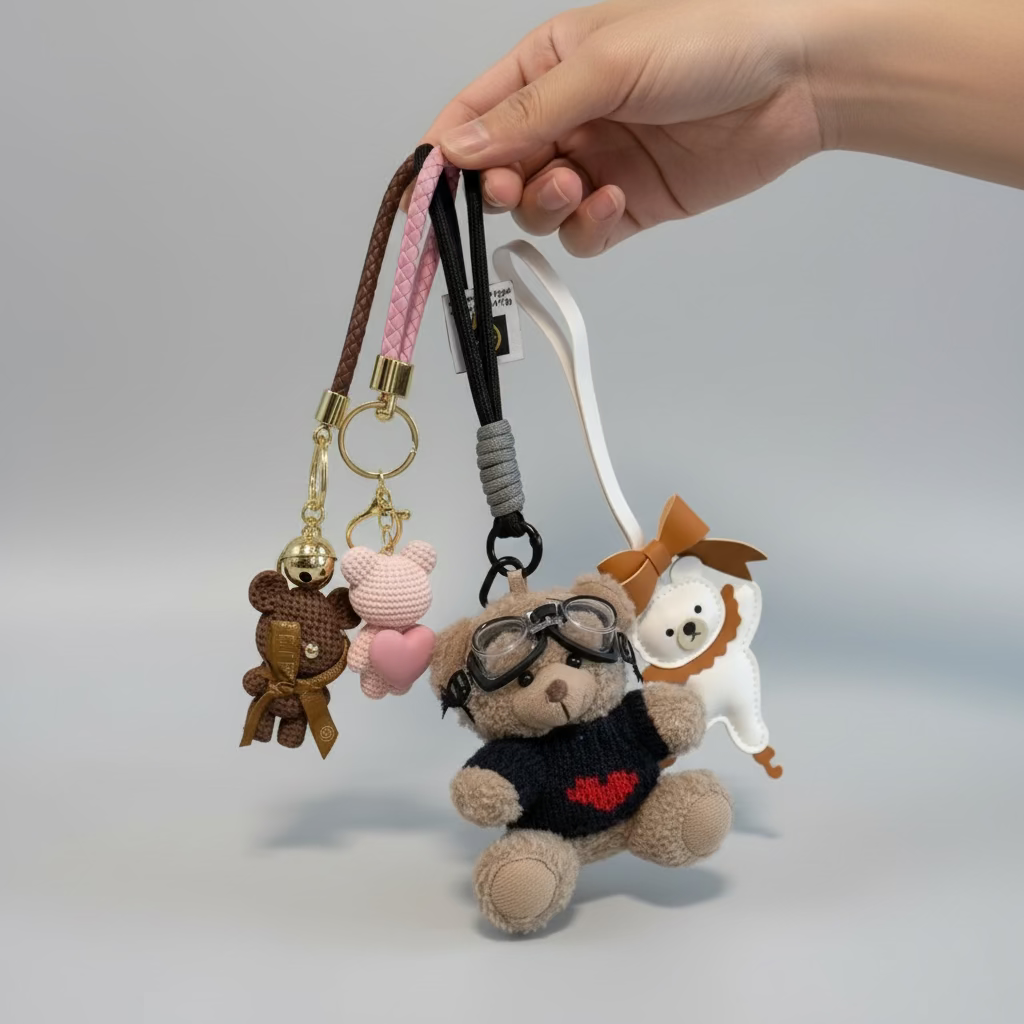 une main qui tient différents porte-clés en forme d'ours Image